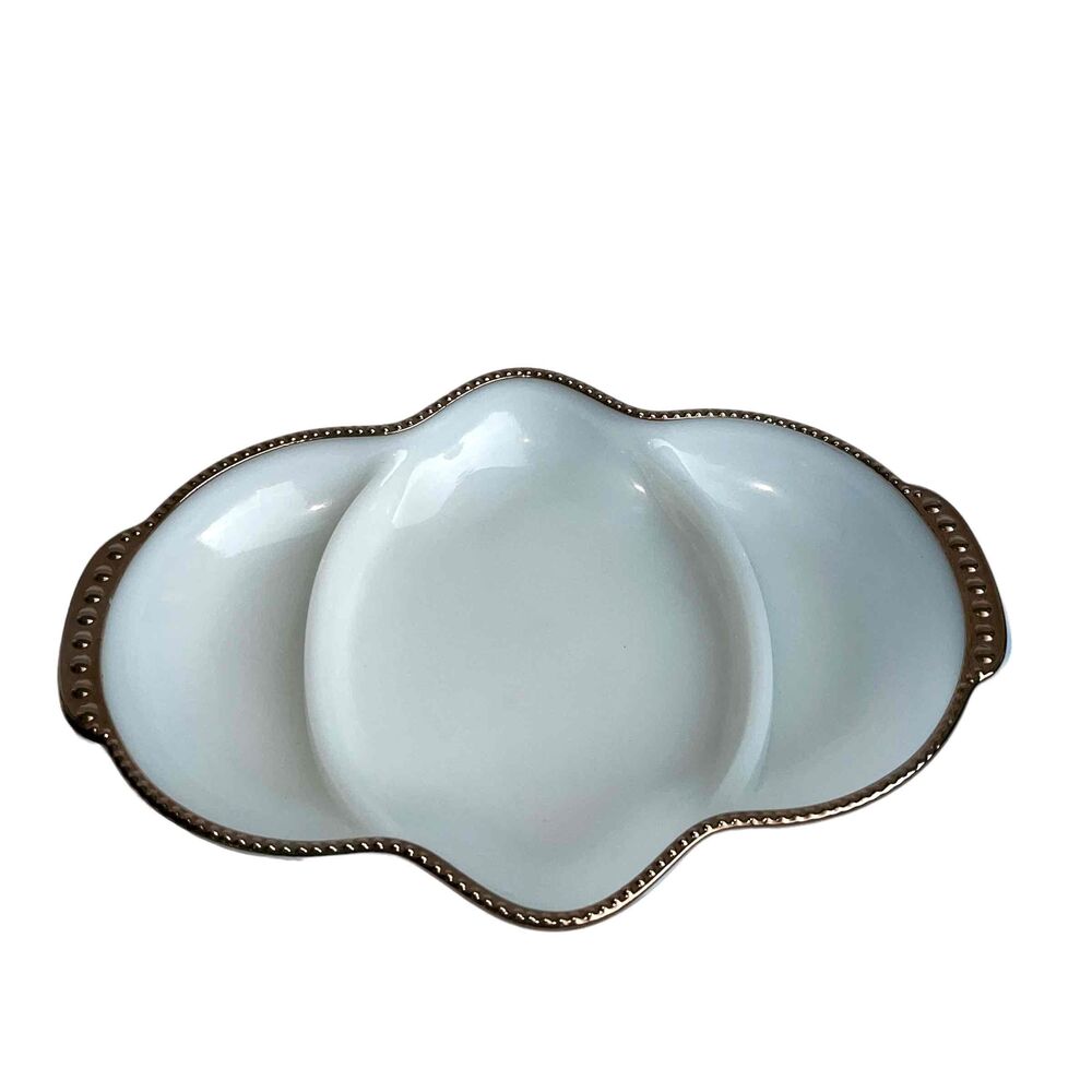 Anchor Hocking‎ Fire King Vintage Milkglass Gold Trim Divided Relish Dish